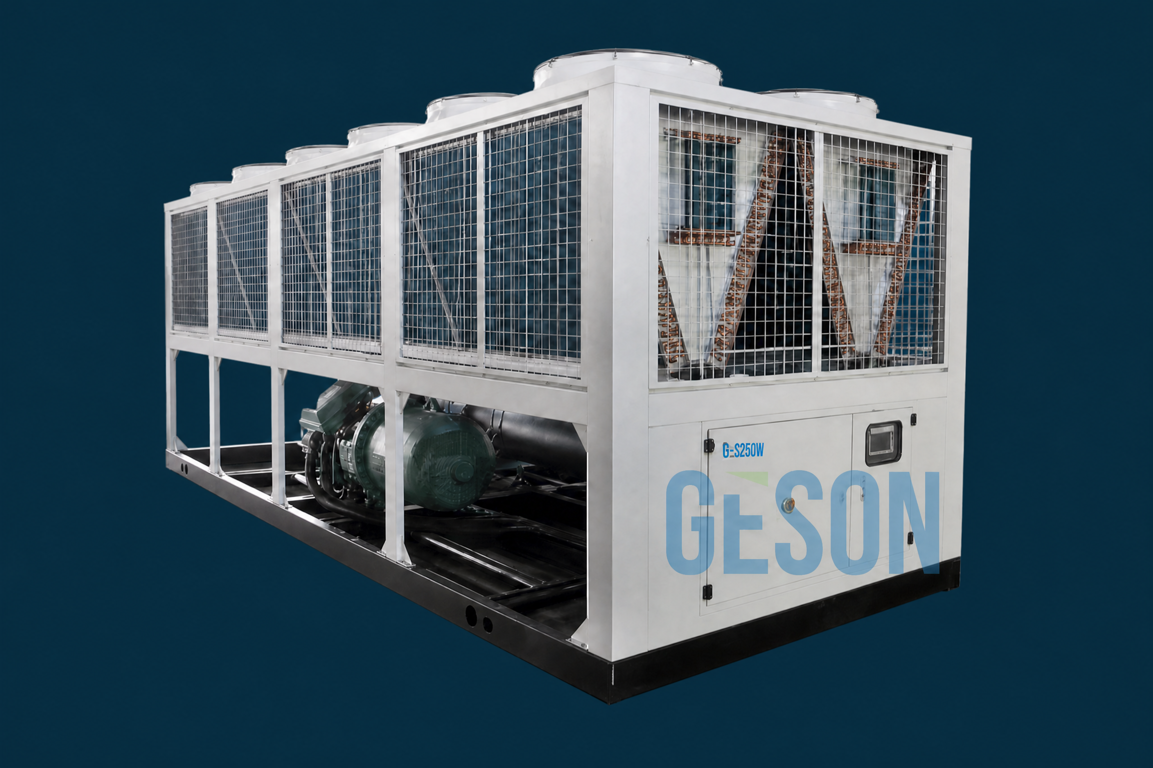 GESON air-cooled screw chiller with finned condenser for outdoor process cooling